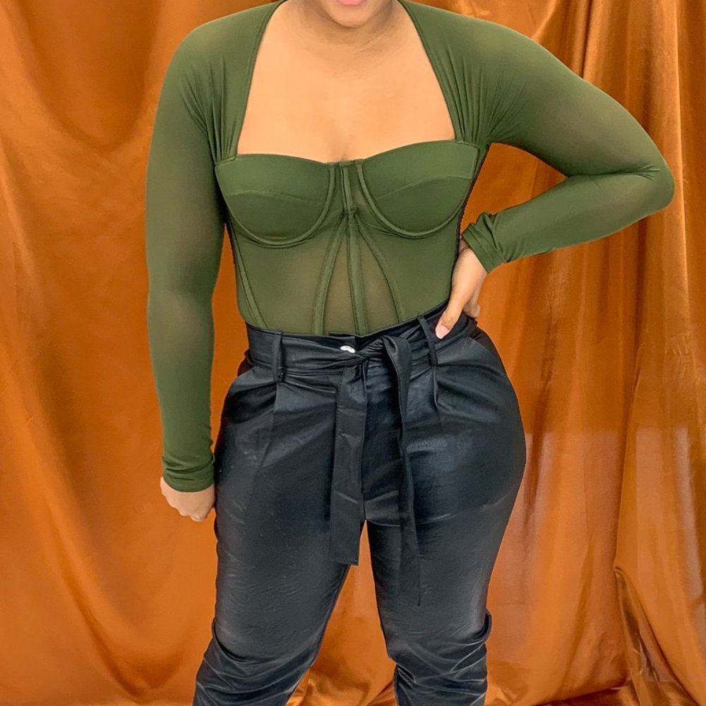 Sheer Long Sleeve Mesh Corset Sexy Party Top Olive Small / Large